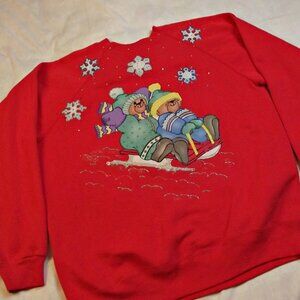 1980s Hanes Hand Crafted Christmas Sweatshirt Applique Bears Red Lg